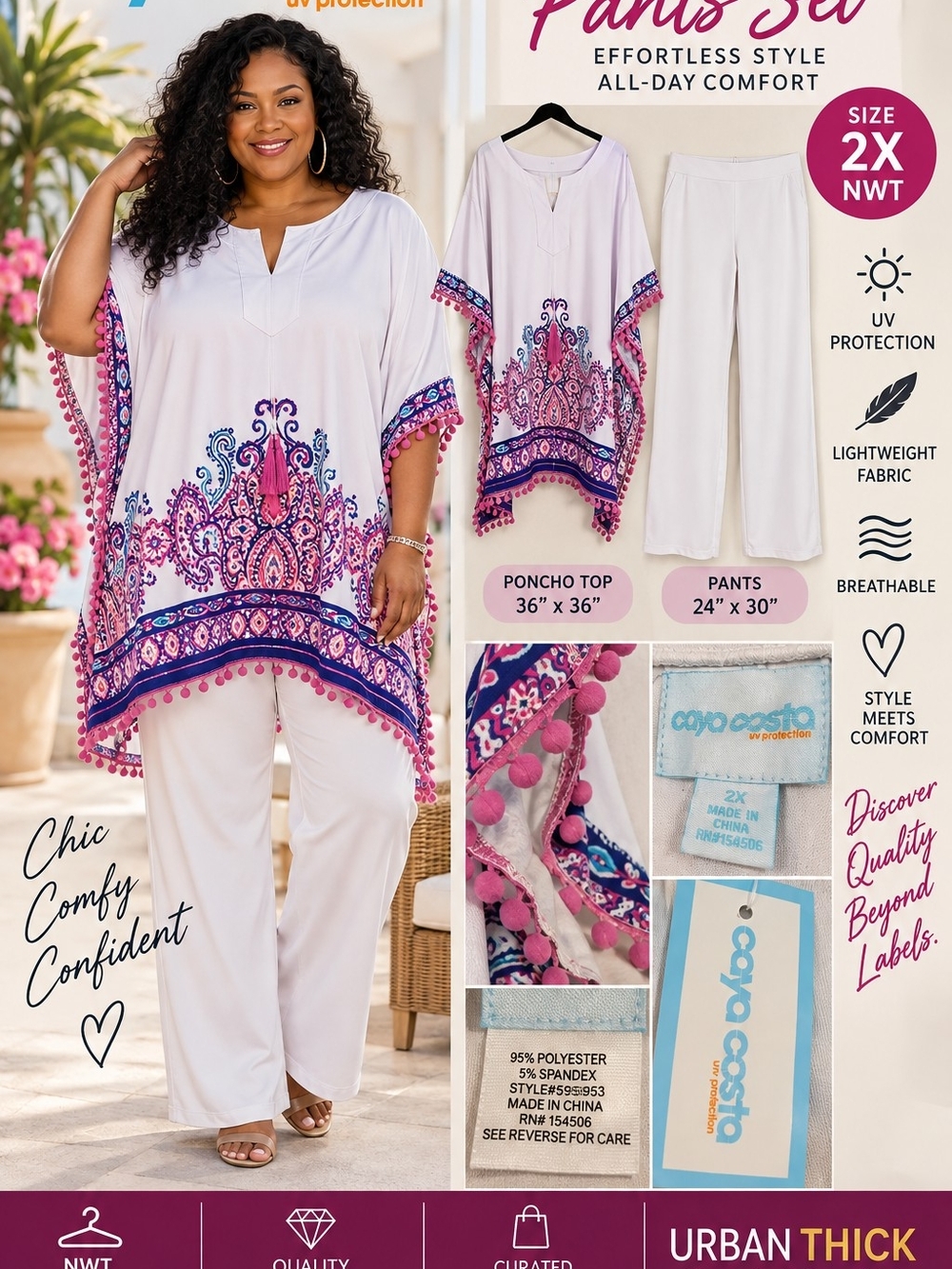 Caya Costa 2X NWT White UV Protection Poncho Top & Pants Set